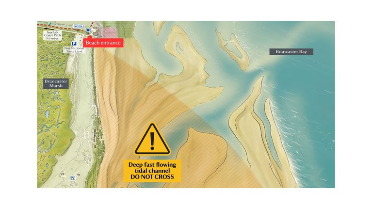 Map of Brancaster Beach showing the main channel which visitors should not cross